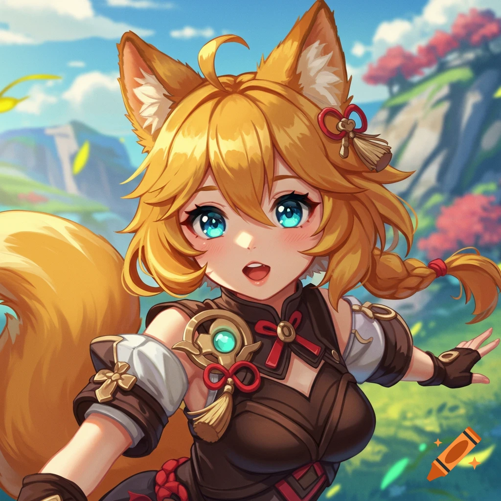 Anime fox girl with blue eyes, fox ears and tail in a fantasy landscape.