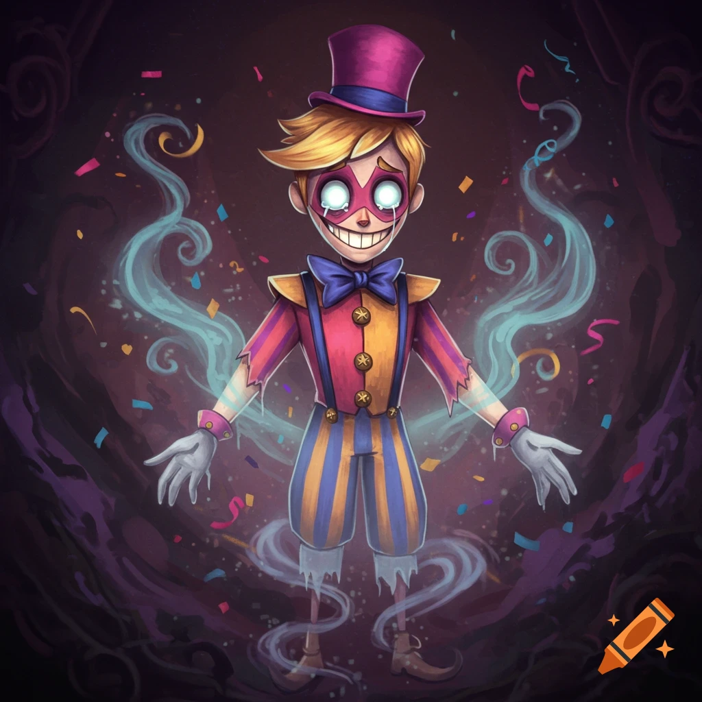 A clown-like character with glowing eyes, a top hat, and a striped outfit, surrounded by confetti and smoke.