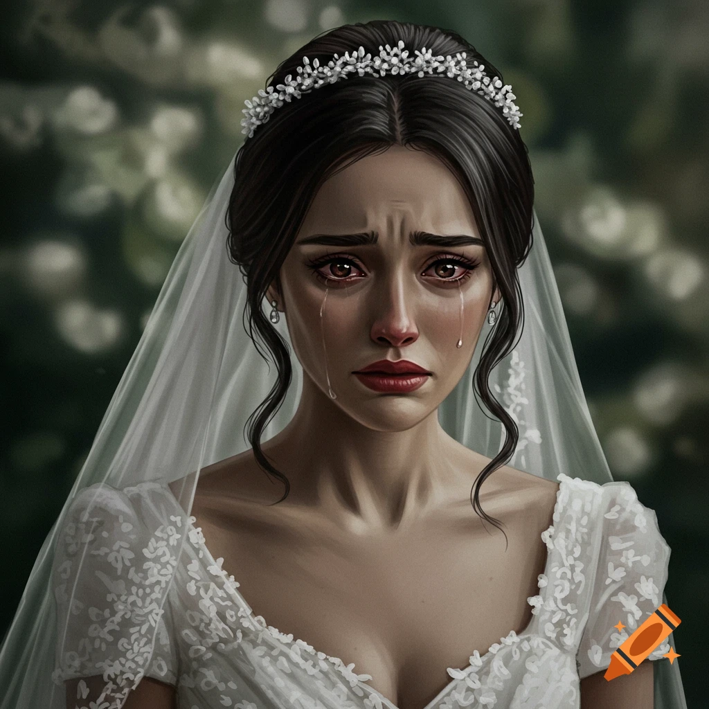 A sad bride with dark hair and brown eyes is crying in a wedding dress and veil.