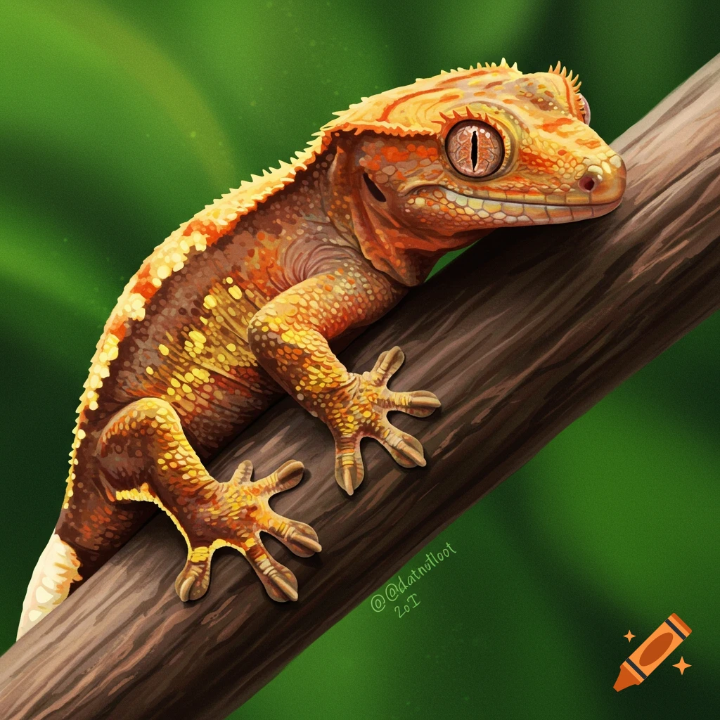A detailed image of a crested gecko perched on a tree branch.