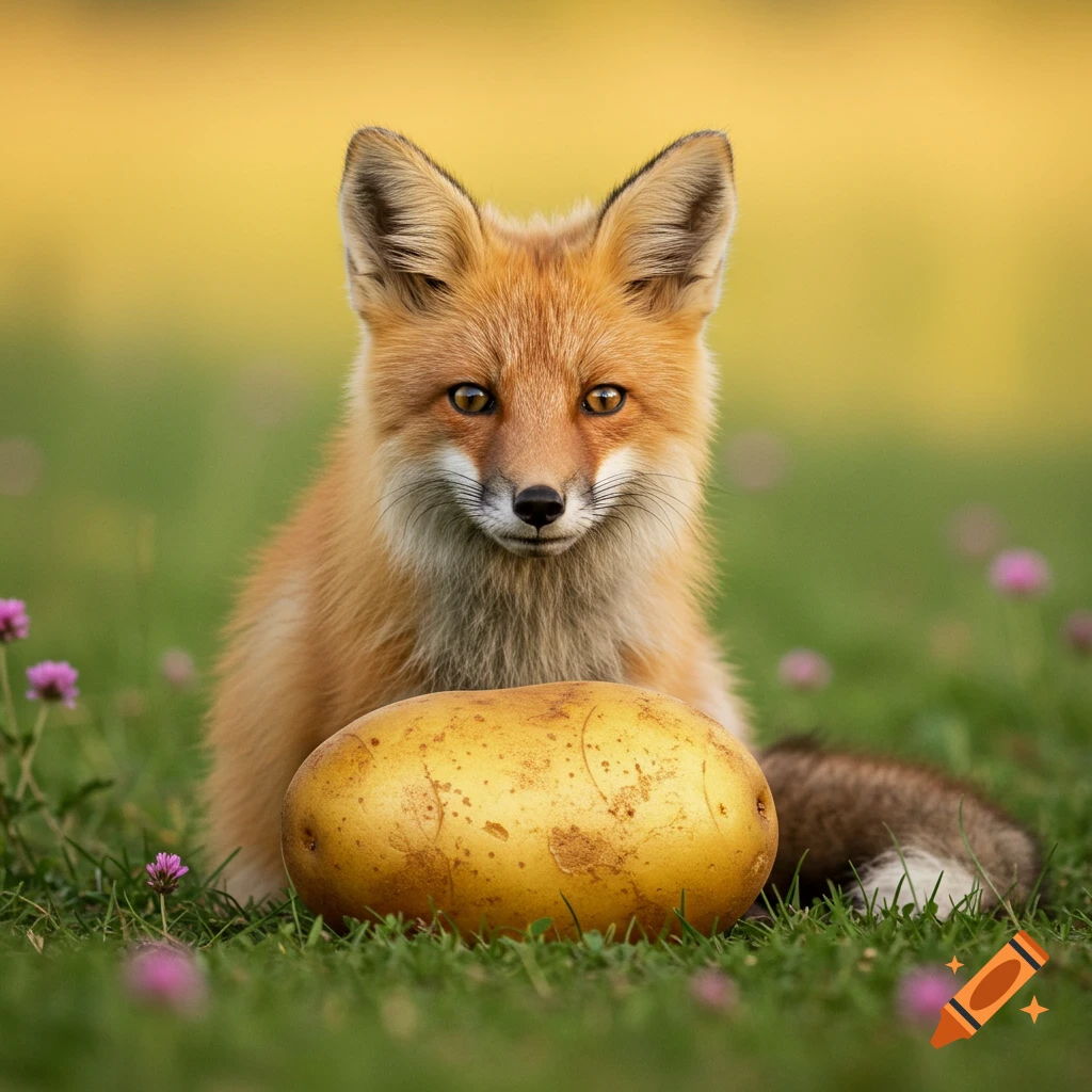 A red fox sits in green grass behind a large golden potato.