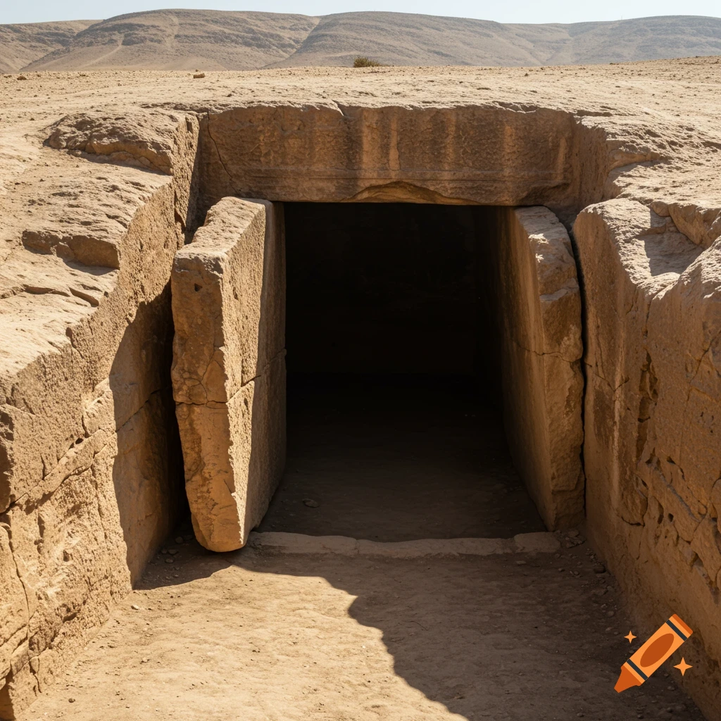 Entrance to an ancient tomb carved into rock in a desert, with a large stone moved to the side.