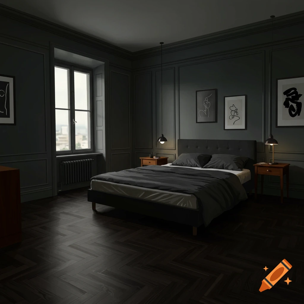 A dark, moody bedroom interior with dark wood floors, grey walls, a bed, nightstands, lamps, and framed abstract art.