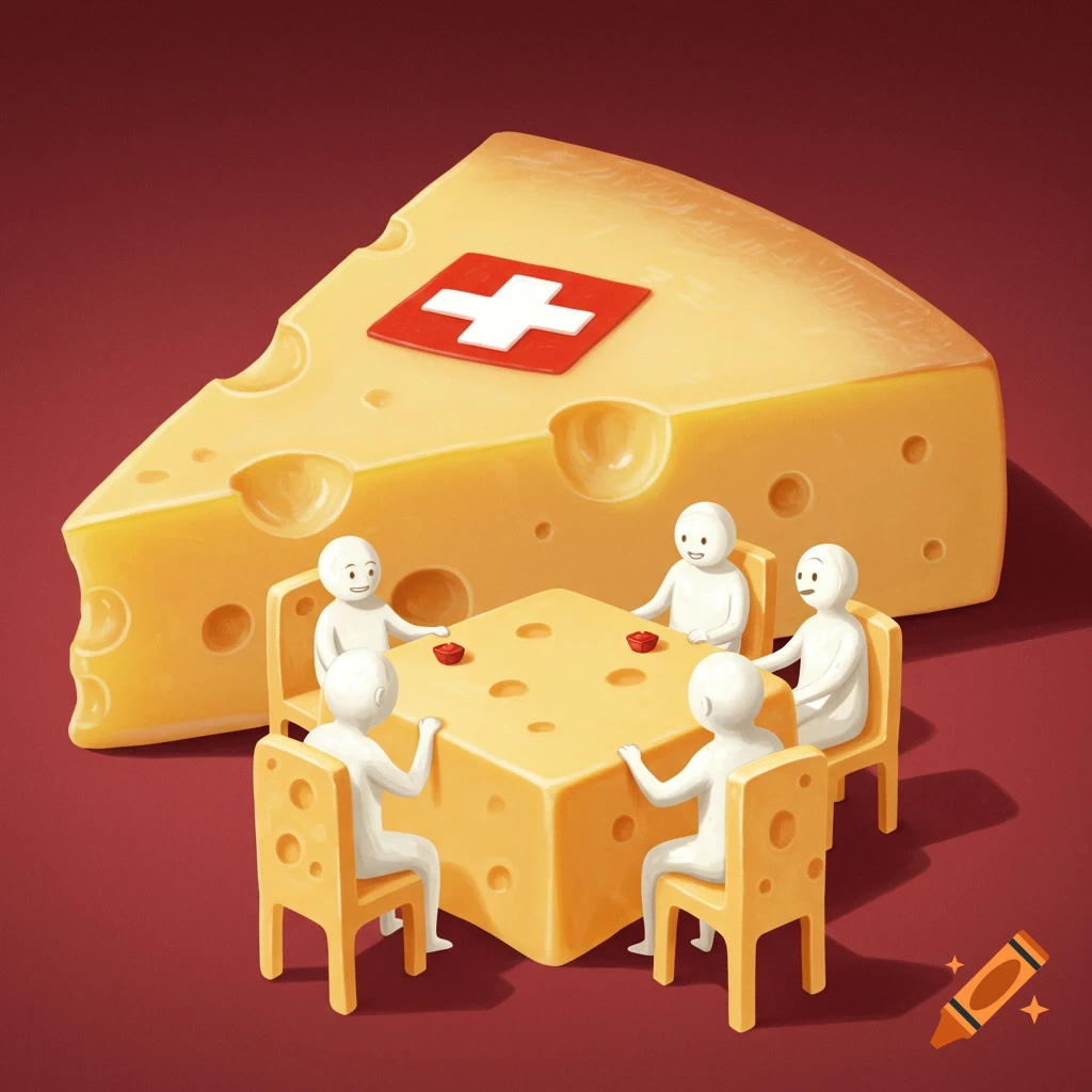 Tiny figures sit at a cheese table and chairs before a large slice of Swiss cheese with a flag.