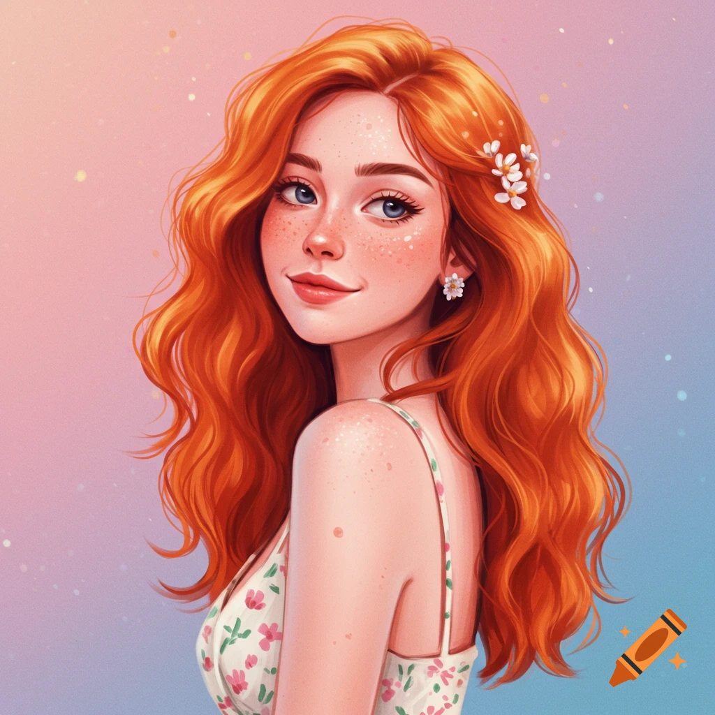 A young woman with red hair, blue eyes, freckles, and a floral dress.