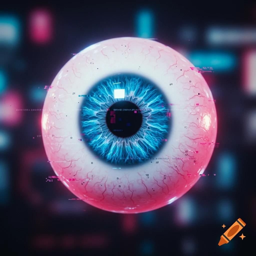 Close-up of a blue eyeball in a glitchy, cyberpunk style with digital overlays.
