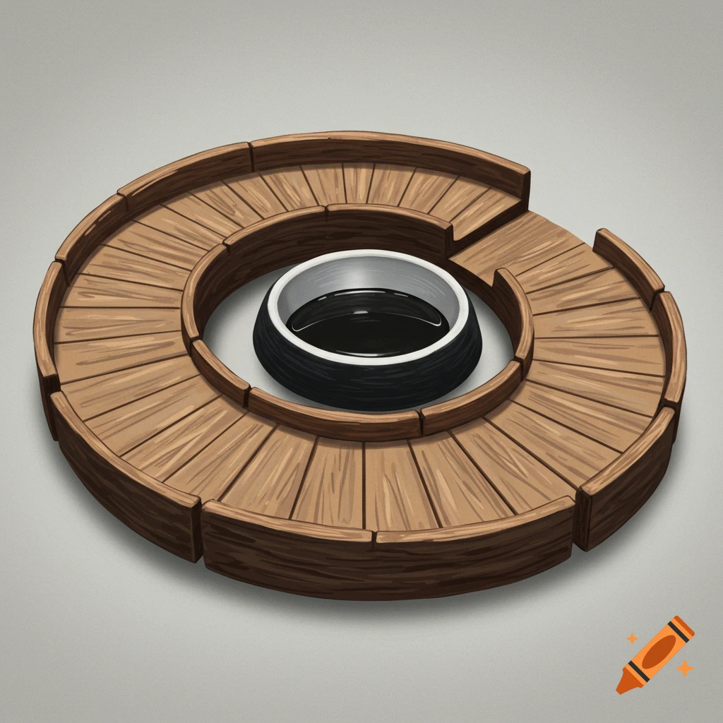 A circular wooden reptile ramp with a shallow bowl in the center.