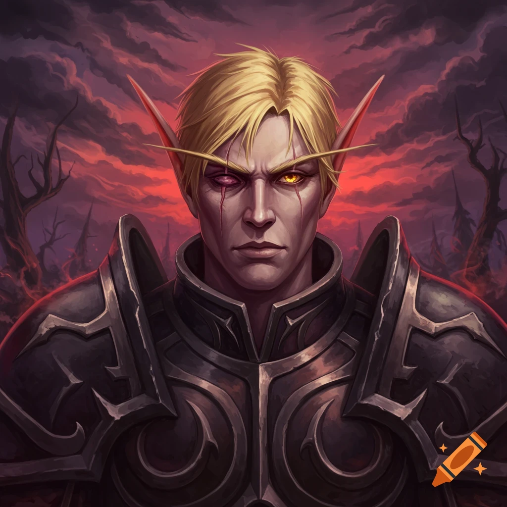 Painting of a male World of Warcraft blood elf with blonde hair, gold eye, scar over closed eye, dark armor, dark sky.