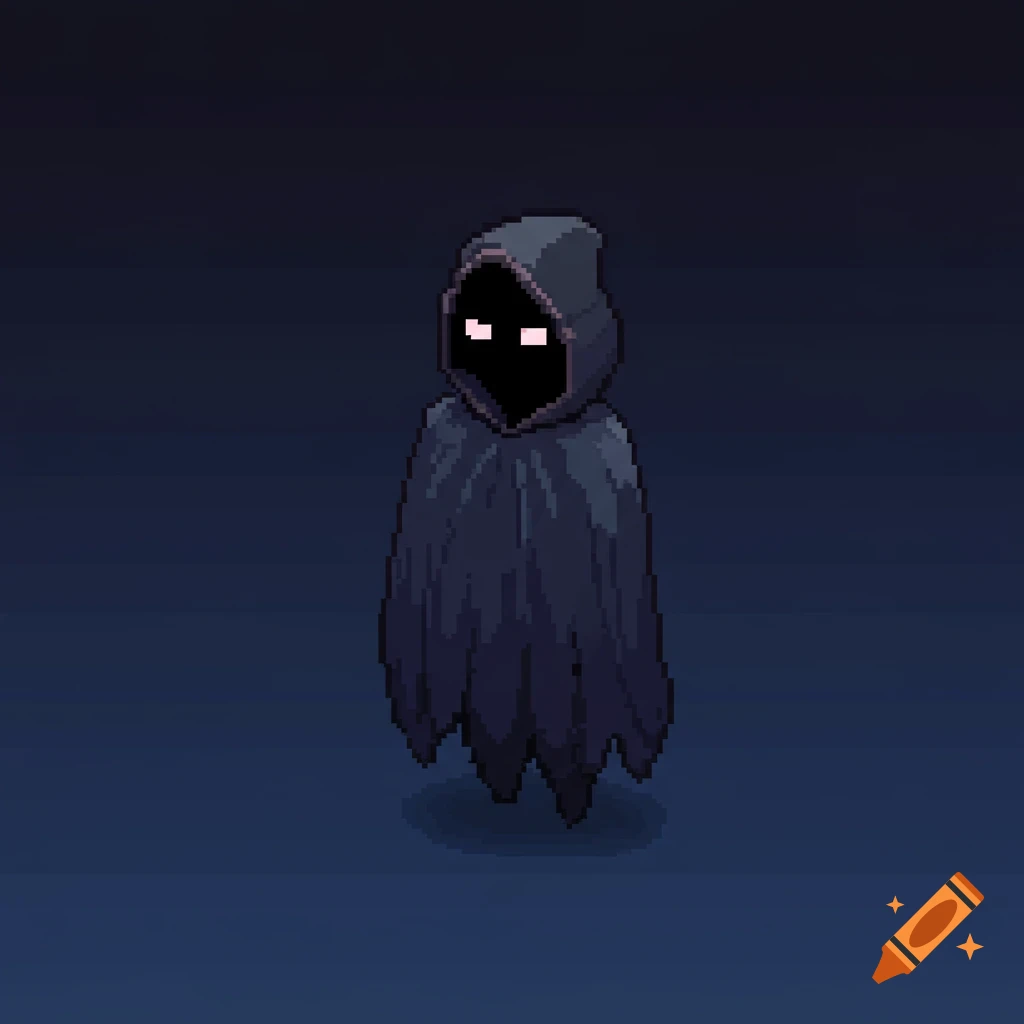Pixel art of a dark cloaked figure with glowing eyes.