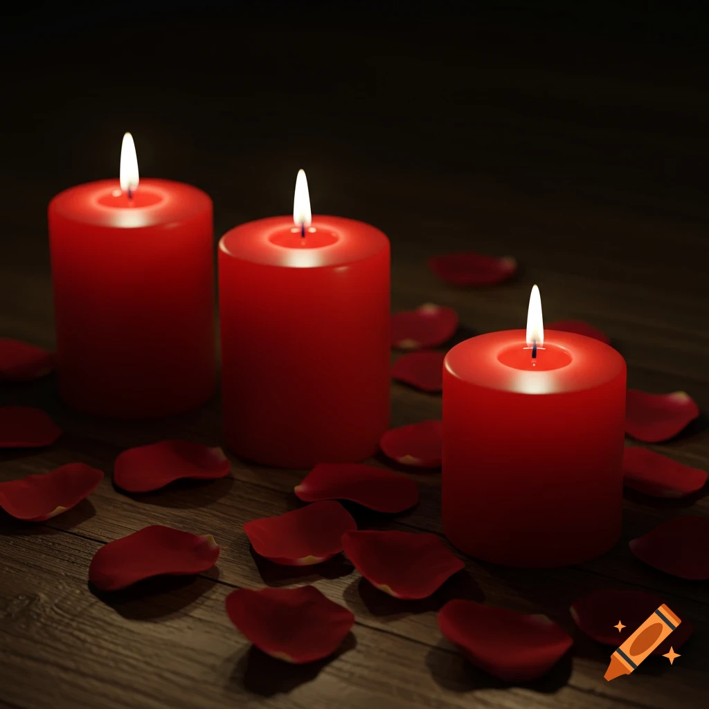 Realistic photo of three red candles burning among scattered red rose petals on a dark wooden surface.