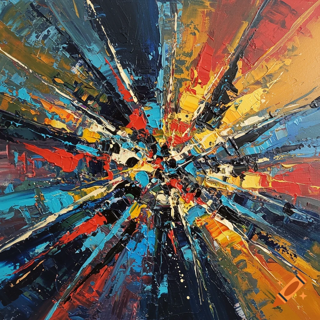 Abstract painting with colorful impasto brushstrokes bursting from the center.