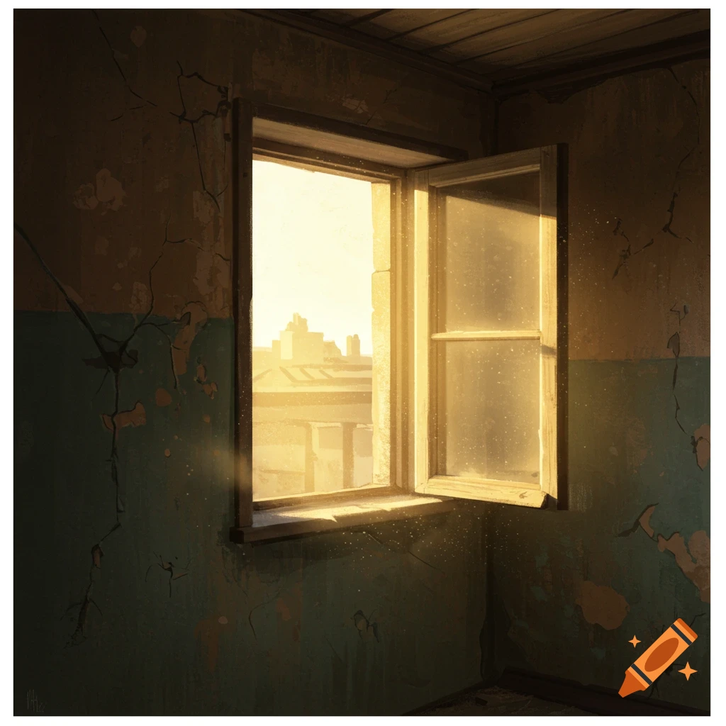 Sunlight streams through an open window in a run down room, showing a city skyline outside.
