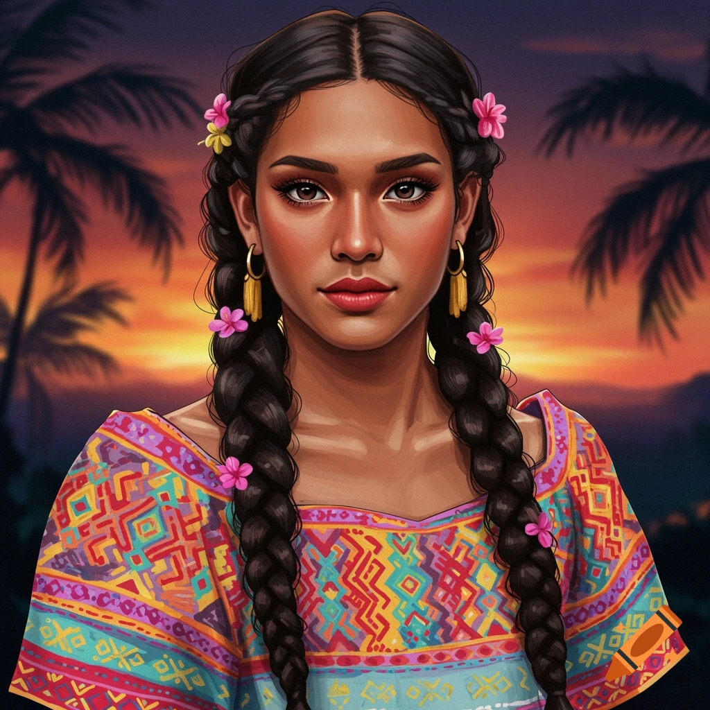 A woman in colorful traditional Filipino dress with braided hair and flowers against a tropical sunset.