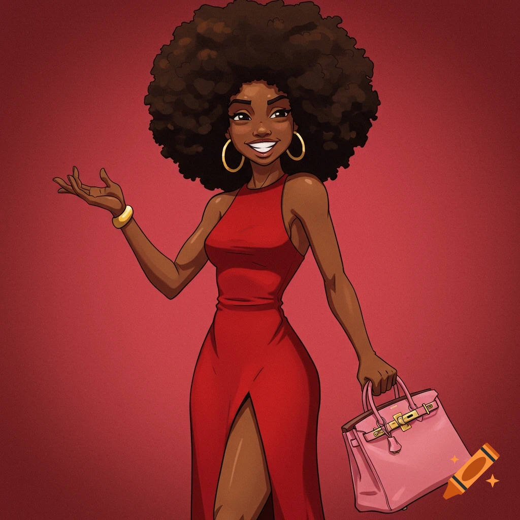A black woman with afro hair wears a red dress and carries a pink purse.