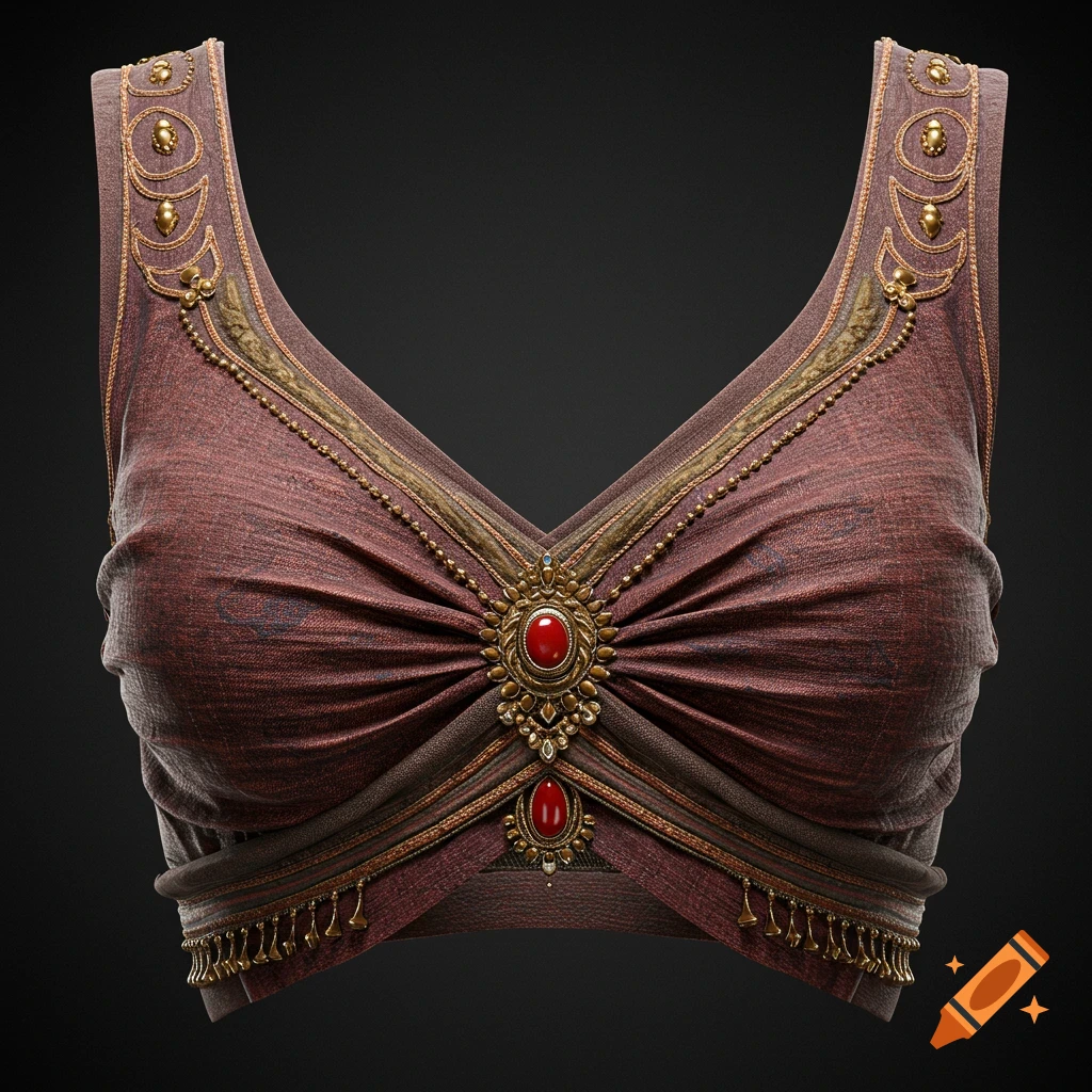 Ornate maroon top with gold trim and red gems