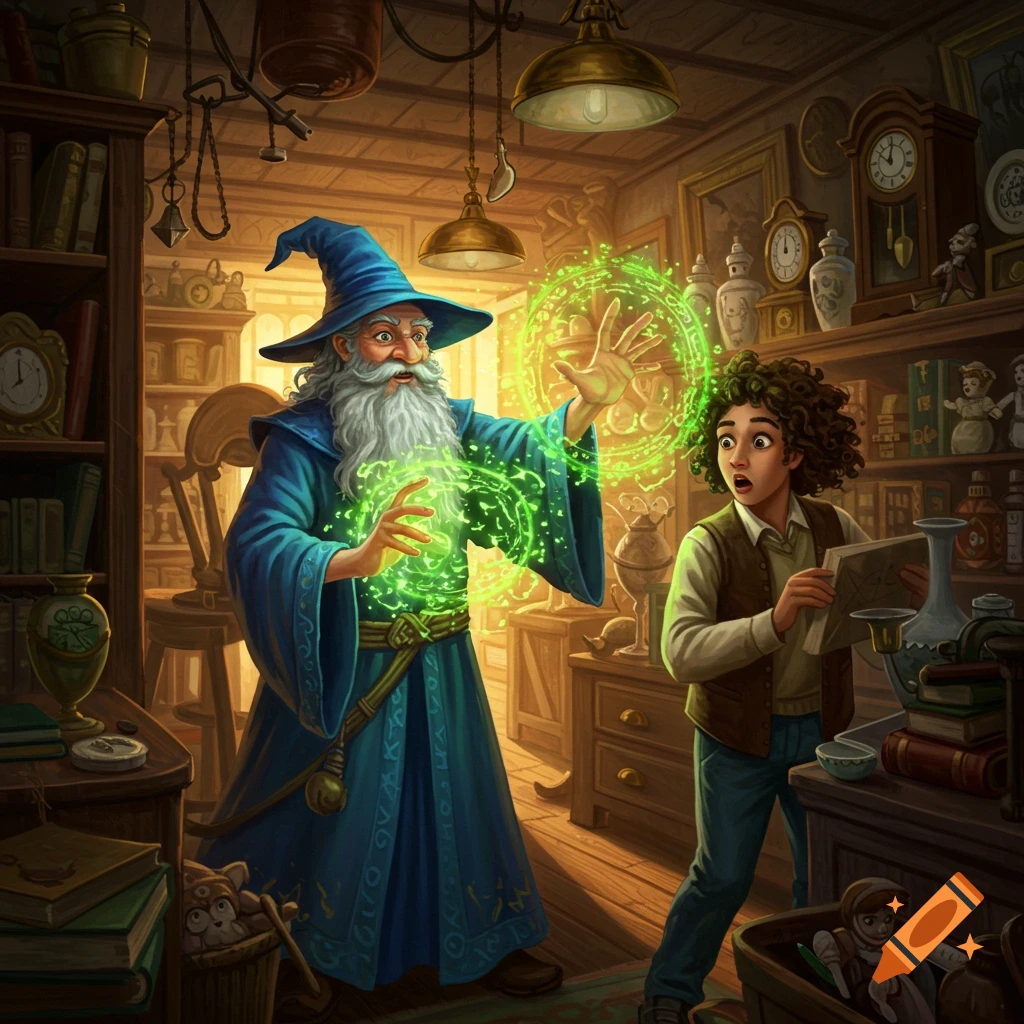 A wizard casts a green spell on a surprised young person in a cluttered magic shop.