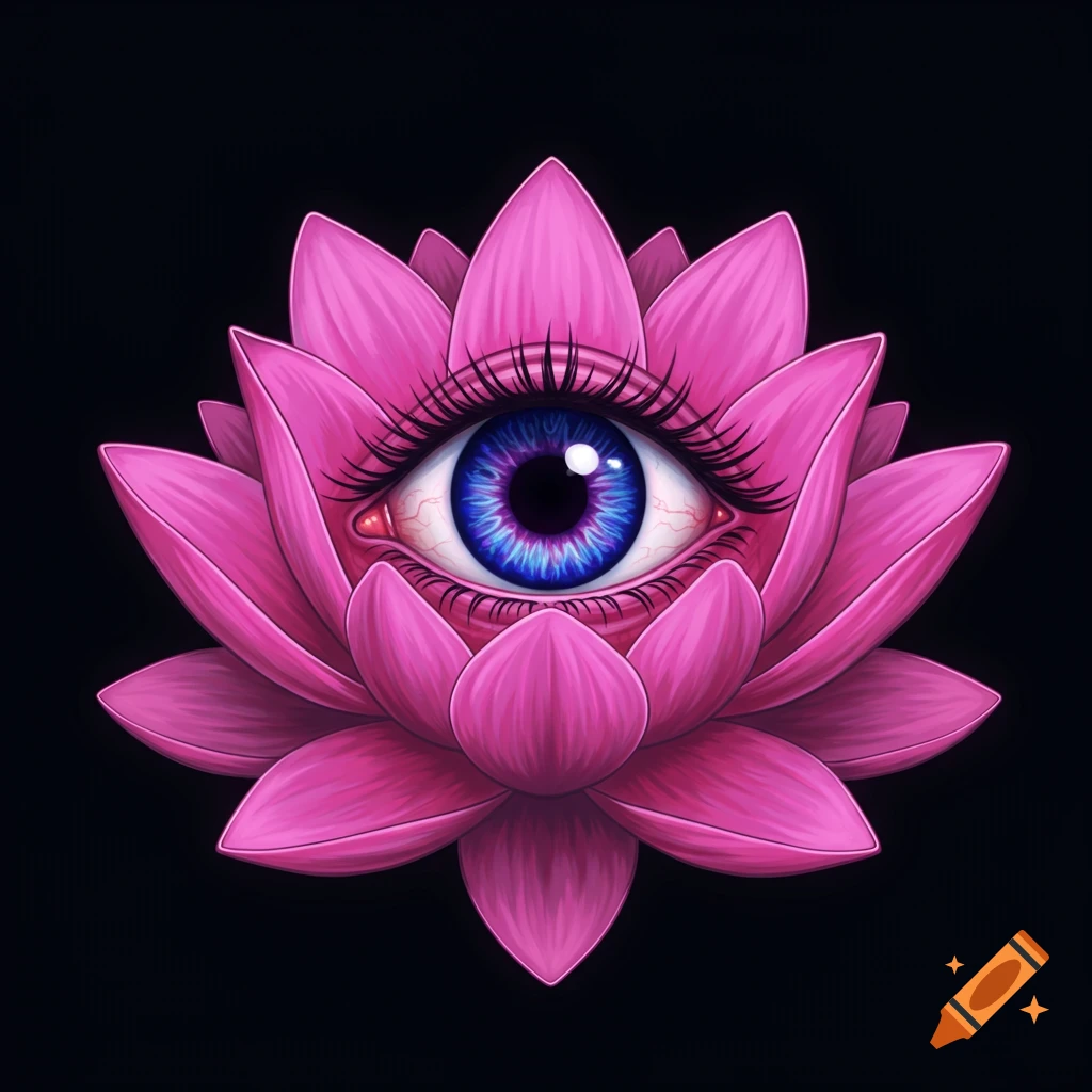 A blue eye is nestled within a pink lotus flower against a black background.