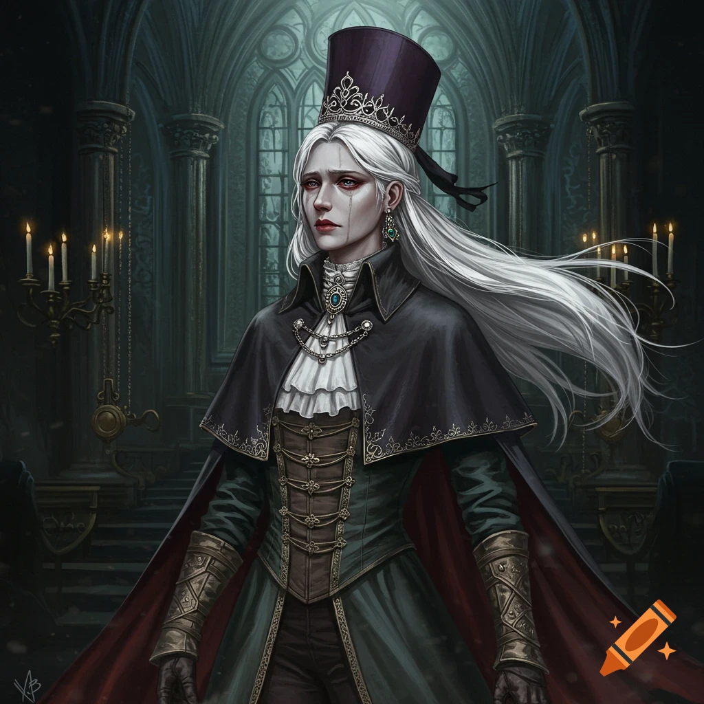 A woman with white hair wears a tall hat and gothic attire in a dark cathedral.