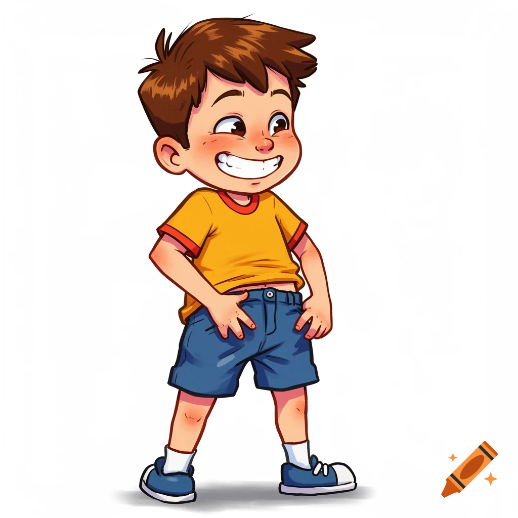 A cartoon illustration of a young boy with a big smile and hands on his waist.