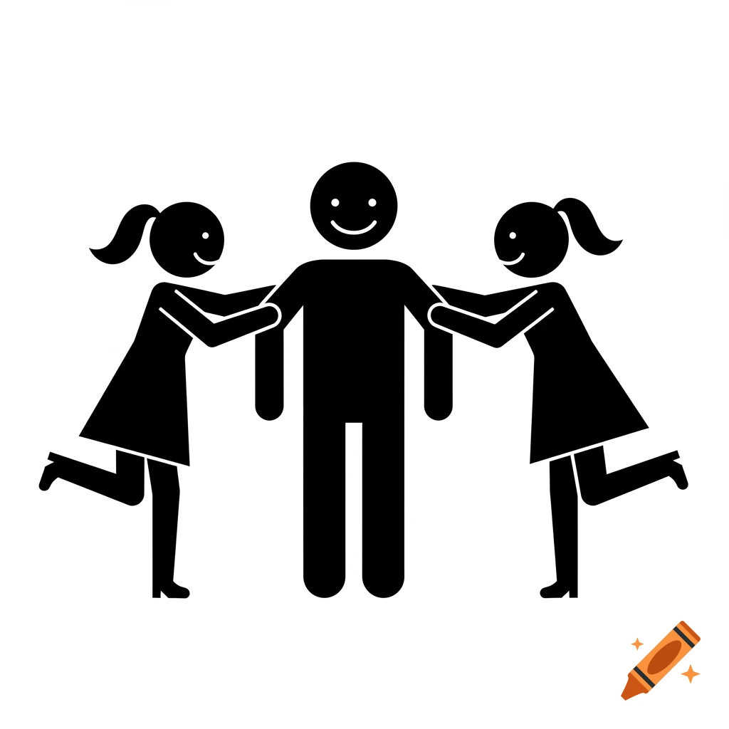 A black and white pictogram shows a man between two women holding his arms, all smiling.
