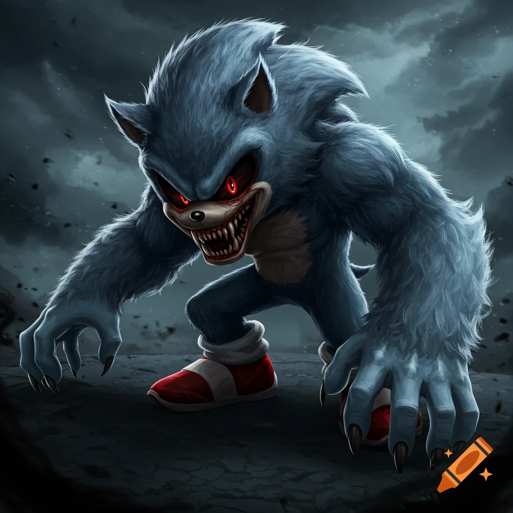 Terrifying blue werewolf creature with red eyes and sharp claws standing on a rock in a dark setting.