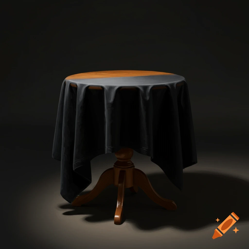 A round wooden table partially covered with a black cloth in shadow.