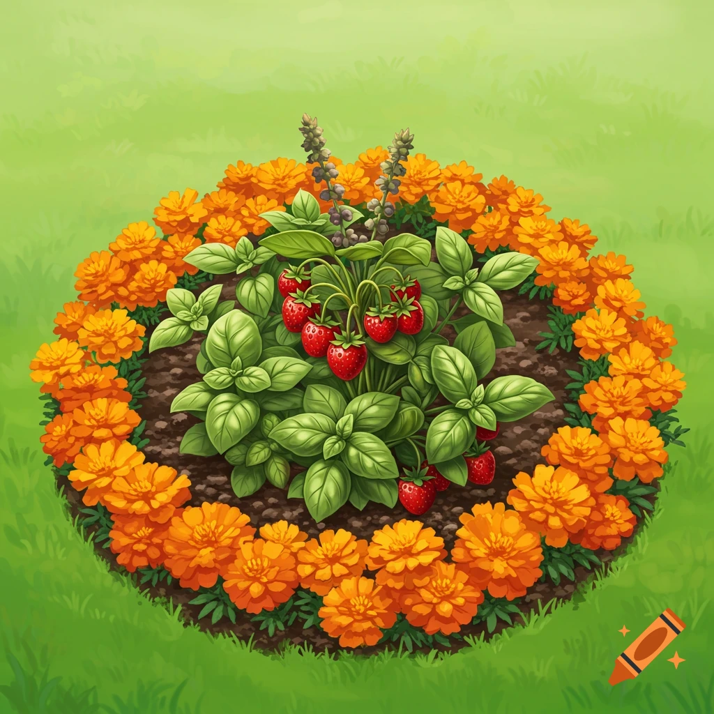 An oval flower bed with orange marigolds circling green basil and red strawberries in the center.