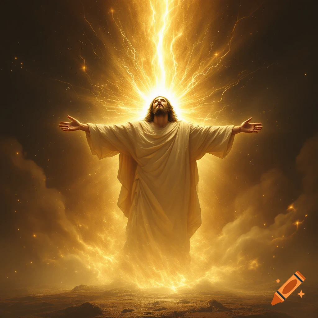 A figure resembling Jesus bathed in brilliant golden light, arms outstretched