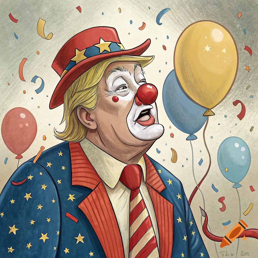 Cartoon caricature of Donald Trump in clown makeup and star-spangled suit