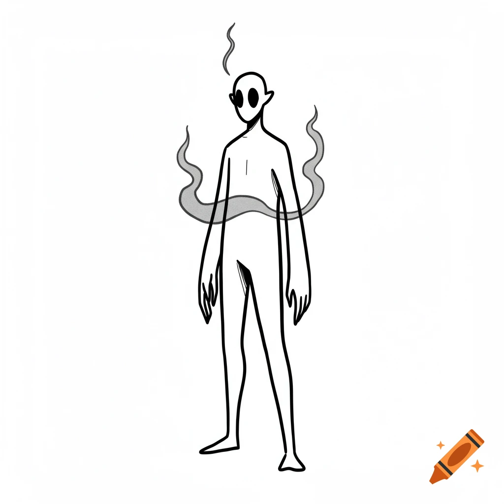 A simple outline drawing of a figure with smoke or energy around its head and body.
