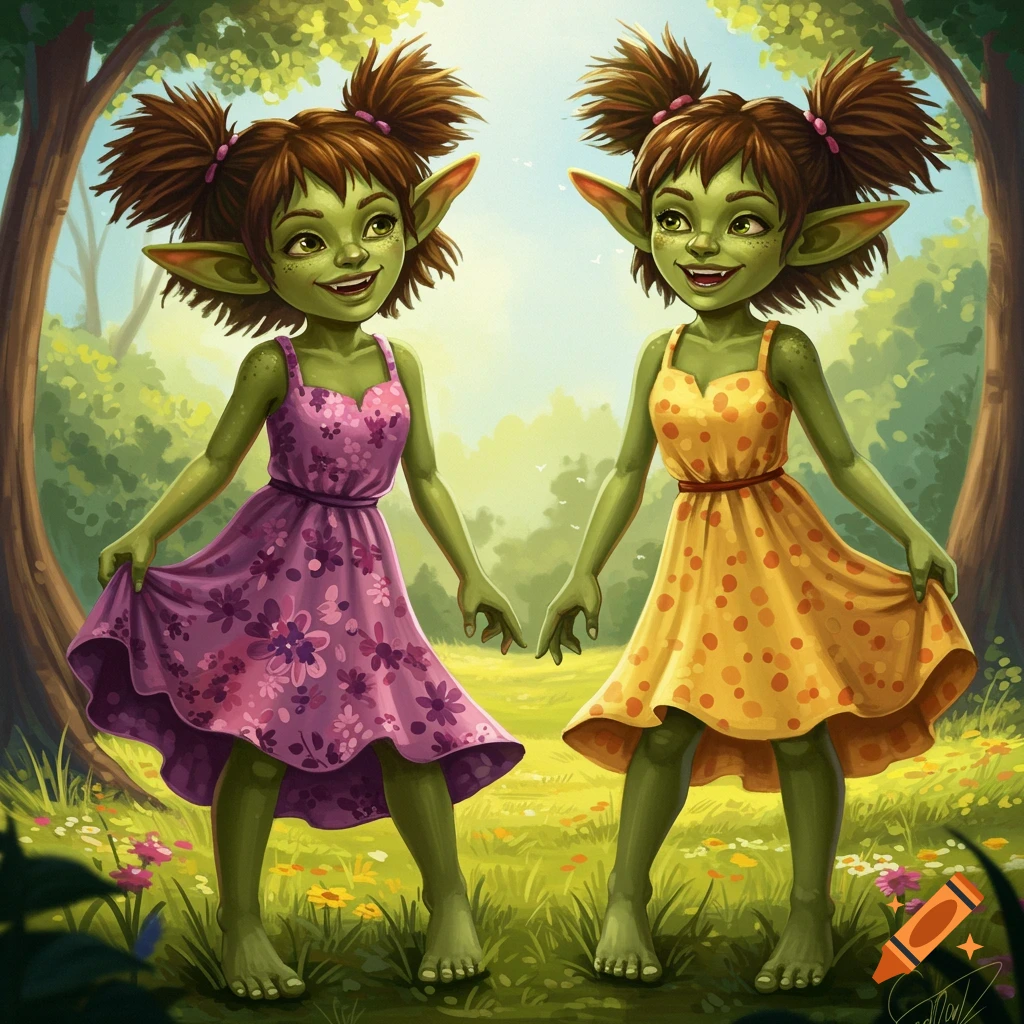 Two green-skinned goblin girls in sundresses standing in a meadow.