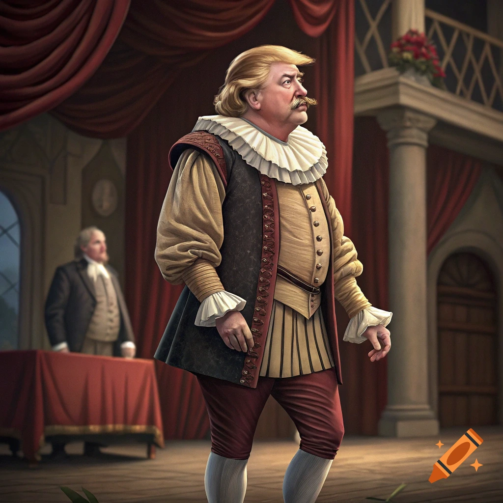 A man resembling Donald Trump in Shakespearean clothes on a stage.