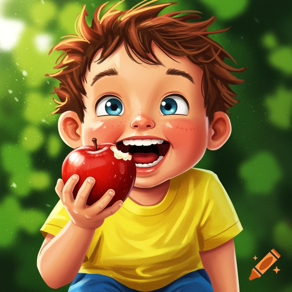 Cartoon illustration of a joyful boy eating a red apple in a garden.