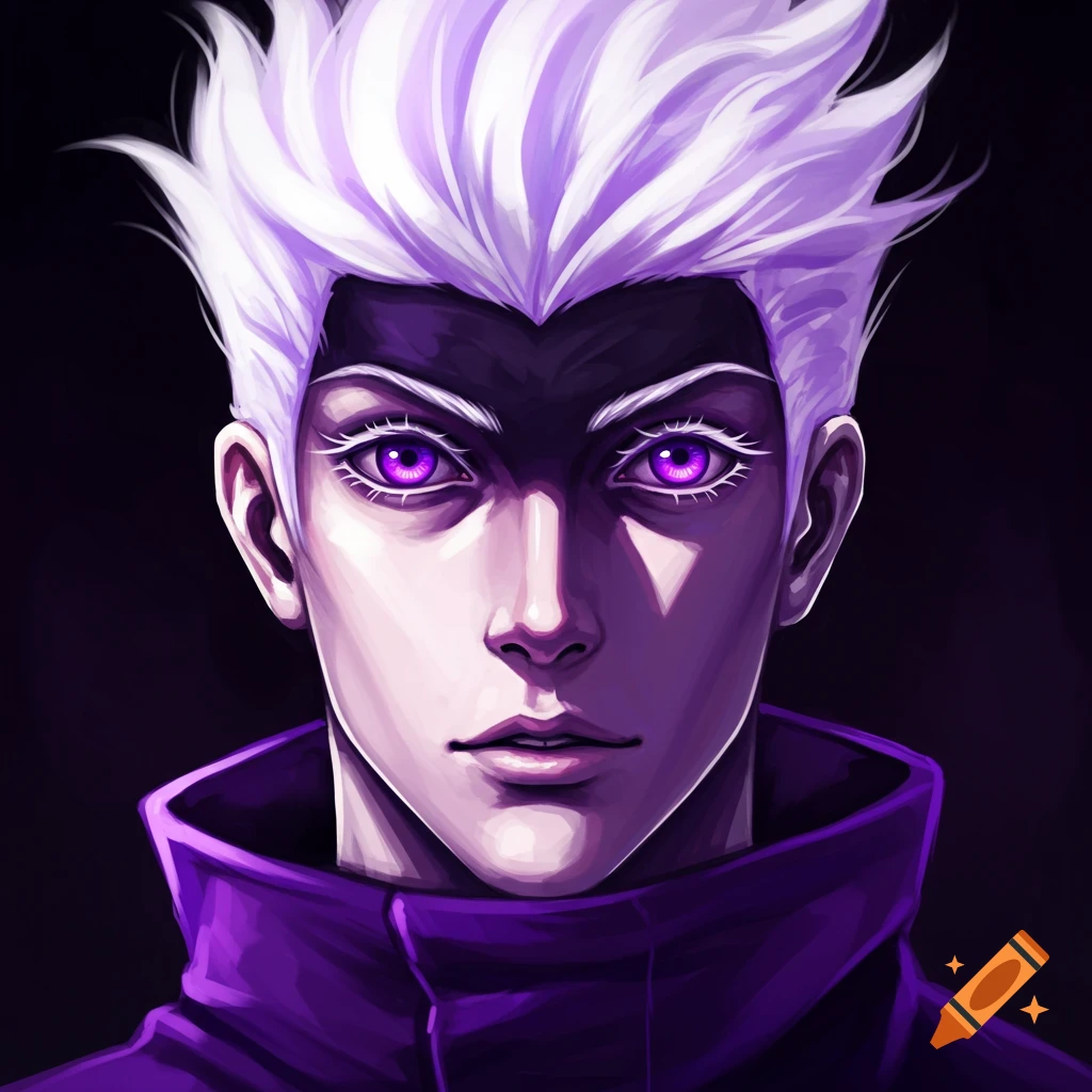 A male anime character with purple eyes and white hair.