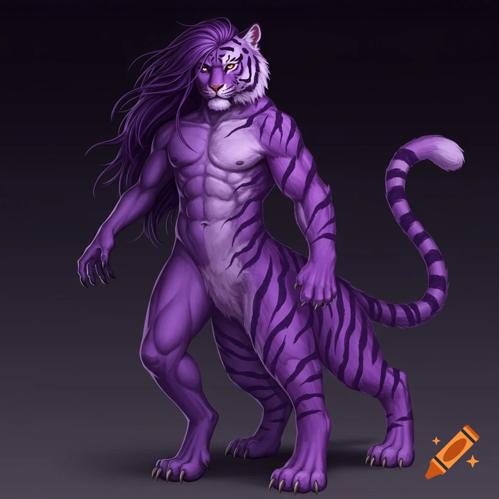Purple anthropomorphic tiger creature with long purple hair standing upright