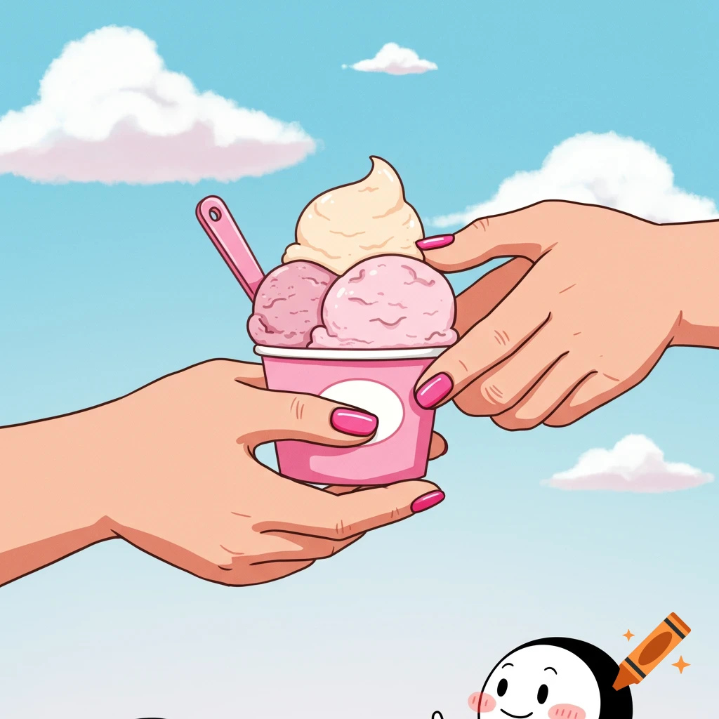 Cartoon hands exchanging a cup of gelato against a blue sky with clouds.