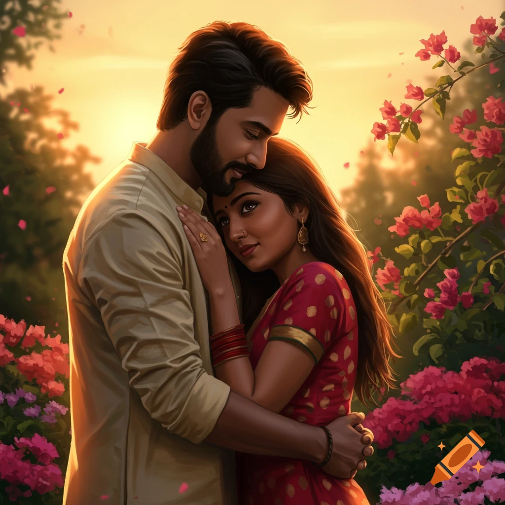A couple embraces in a flower garden at sunset.