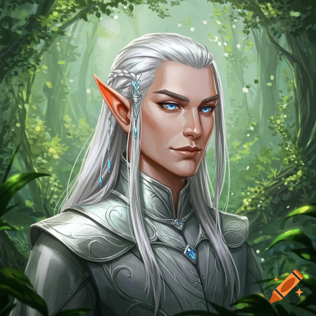 A male elf with white hair and blue eyes in fantasy armor stands in a forest.