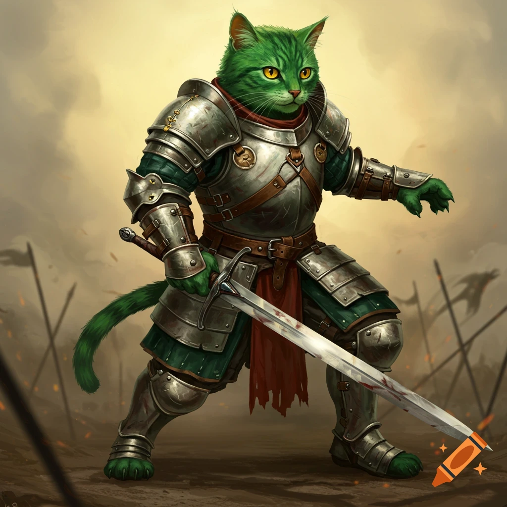A green cat soldier in armor holding a bloody sword on a battlefield.