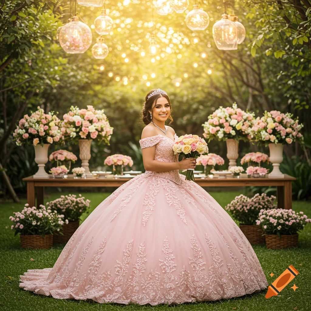 Quinceañera in a pink dress smiles, holding a bouquet in a garden with lights.