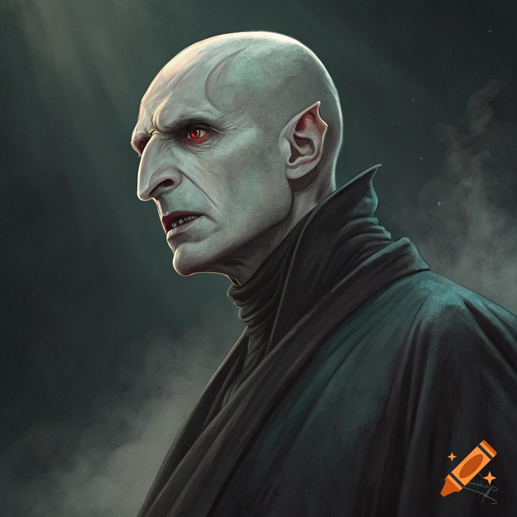 Profile portrait of a pale, bald fantasy villain with red eyes and a tall head, wearing a dark robe, in a stylized art style.