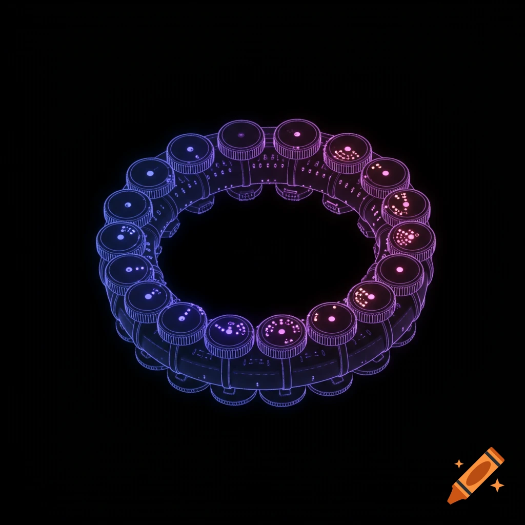 Technical blueprint of a ring with glowing knobs on black