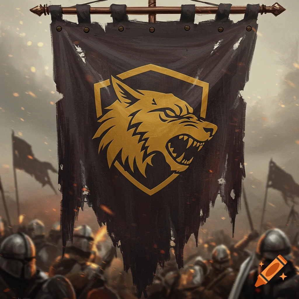 A war banner with a gold wolf logo is held above blurred soldiers on a battlefield.