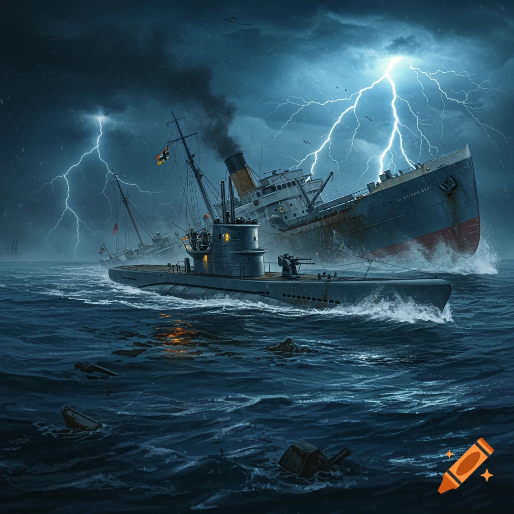 A submarine in stormy seas with a sinking ship and lightning.