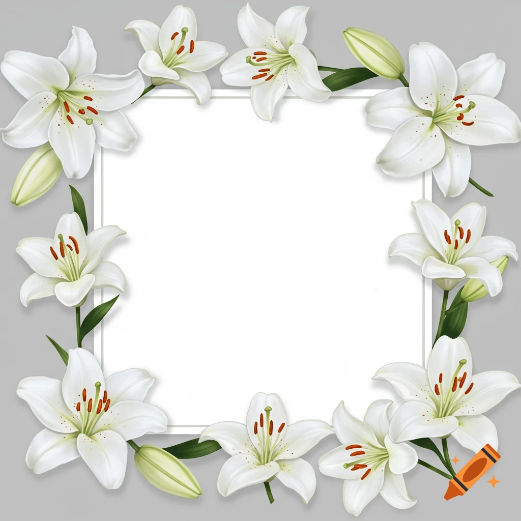 Realistic white lilies forming a border around a blank white square on a grey background.
