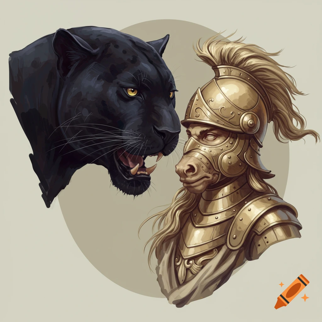 A black panther head and a person in golden armor with a horse head helmet.