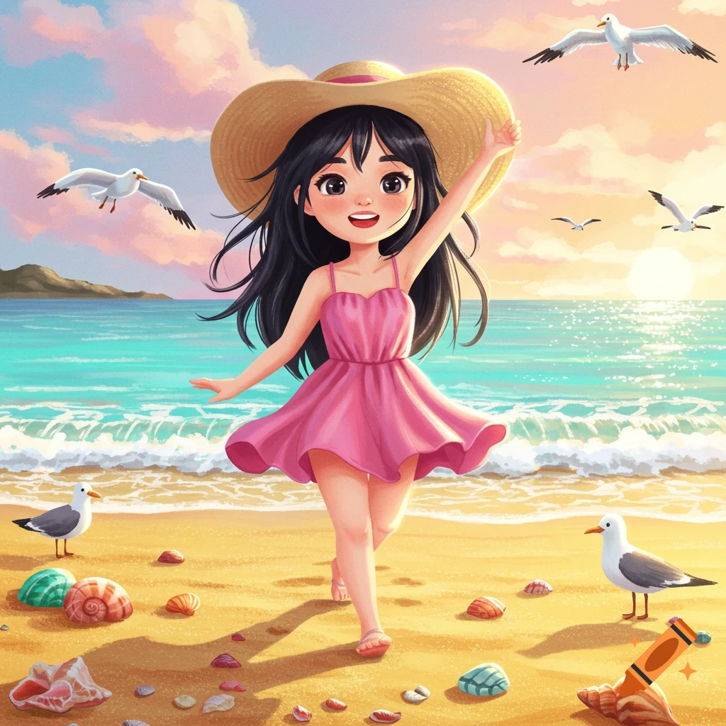 A cute illustrated character in a pink dress and hat walks on a sunny beach with seagulls and seashells.