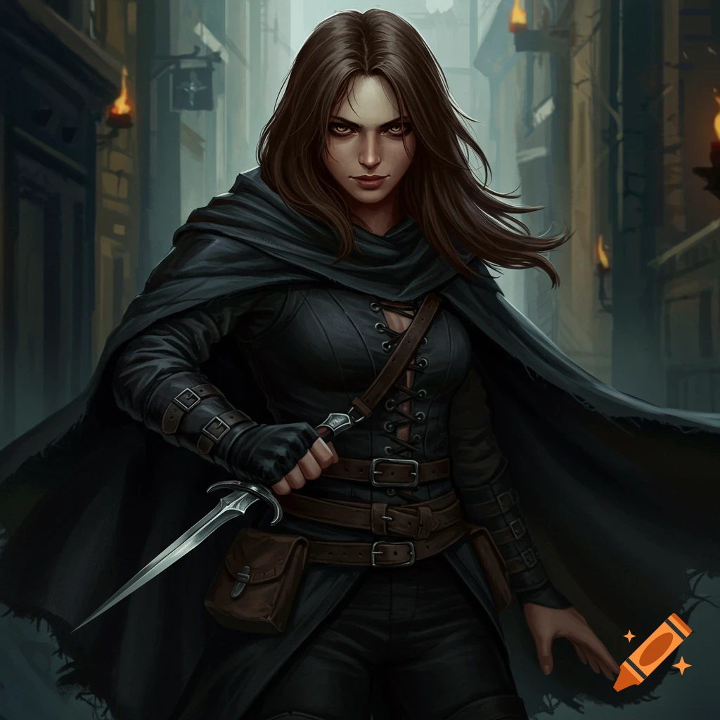 A female rogue with a cloak and dagger in a dark alley.