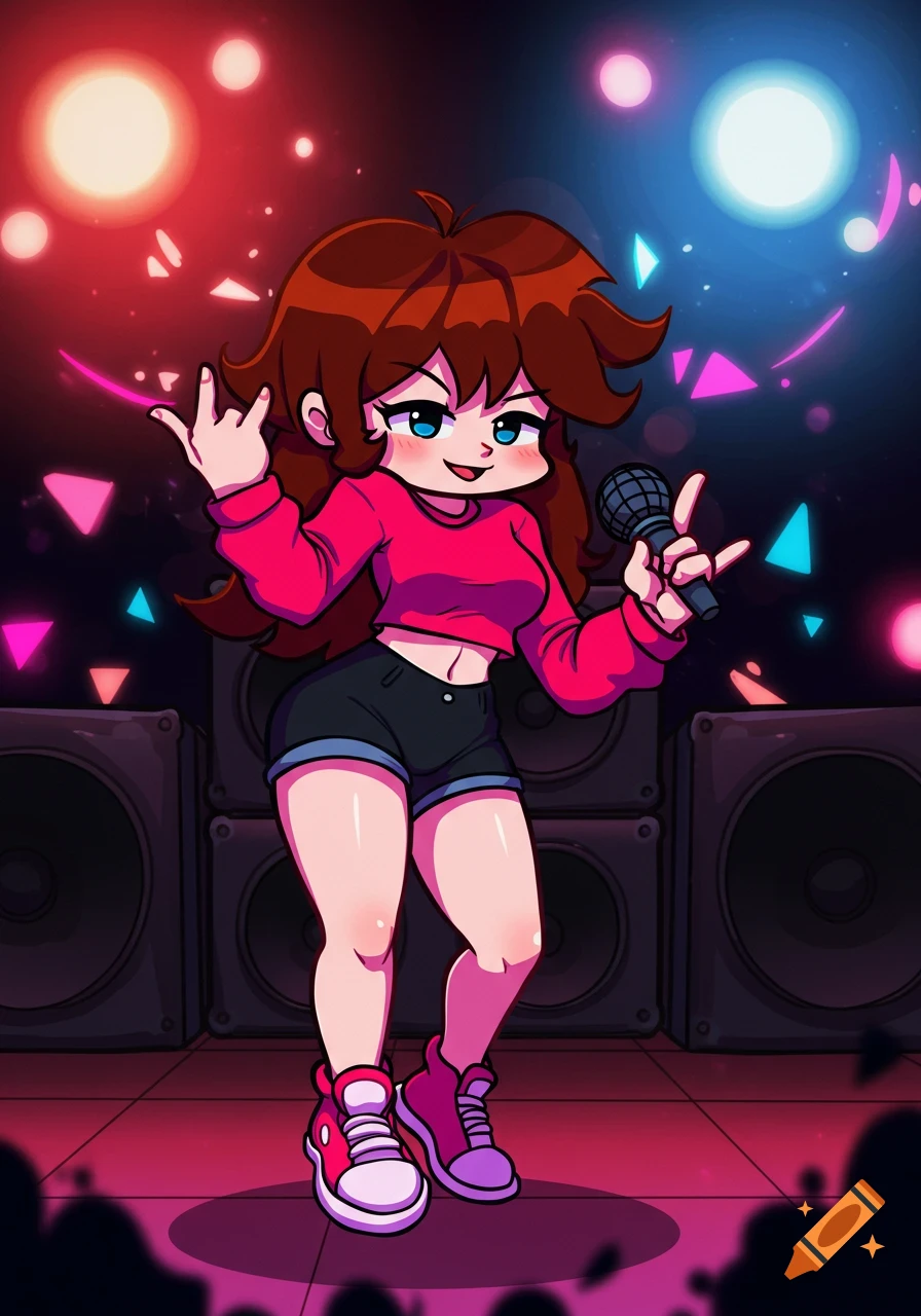 Cartoon style character Girlfriend from Friday Night Funkin' singing on a stage with speakers and lights.