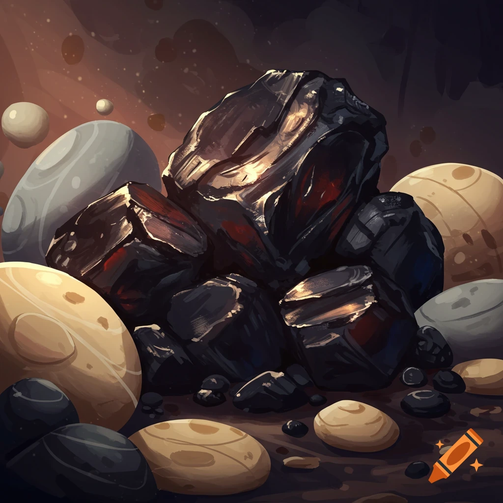 Dark coal rocks and light pebbles in a space-like environment.